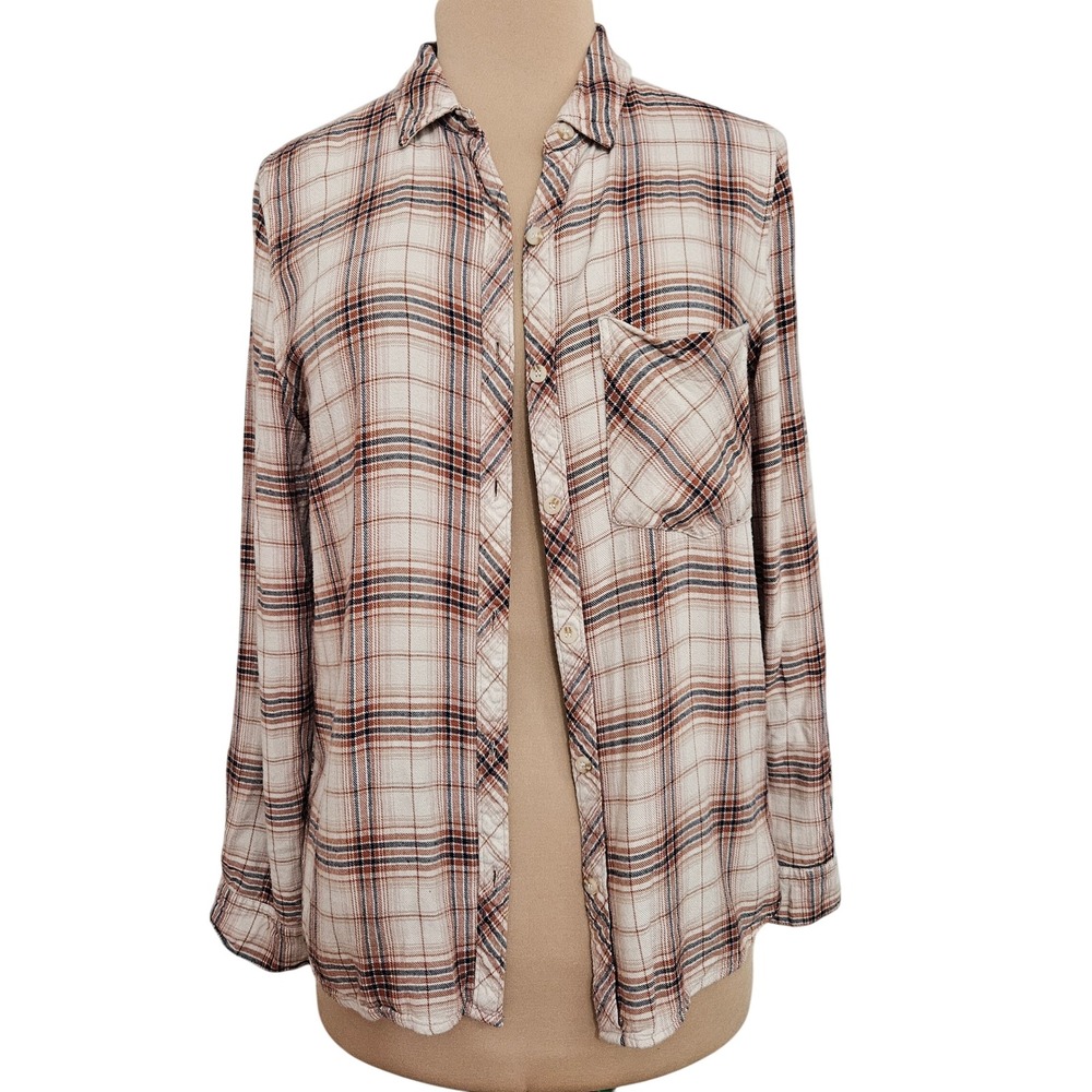 Becool Womens Plaid Button Down Shirt Large Cream Orange Rayon Long Sleeve Basic